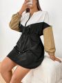 Plus Size Drawstring Waist Zipper Half Placket Colorblock Dress