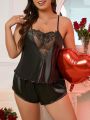 Plus Size Women's Lace Spliced Cami Top & Shorts Pajama Set