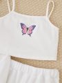 SHEIN Tween Girl Butterfly Print Cami Top & Sweatpants & Super Crop Pullover