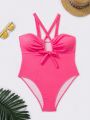 Plus Size Solid Color Hollow Out One Piece Swimsuit