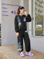 SHEIN Kids EVRYDAY Tween Girls' Casual Graffiti Printed Loose Fit Sweatshirt And Jogger Pants Set With Ribbed Hem