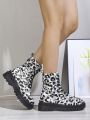 Autumn/winter Fashionable Simple Style Casual Thick Heel Leopard Print Short Boots With Straps For Women