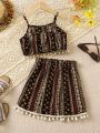 SHEIN Kids SUNSHNE Young Girl 2pcs/Set Vacation Inspired Floral Print Fringe Cami Top And Skirt