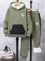 Teenagers Thickened Fleece Pullover Sweater And Trousers Set With Textured Stitching Design, Autumn And Winter