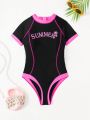 Teen Girls' Contrast Color Letter Printed One-Piece Swimsuit With Back Zipper, Summer Beach & Swimwear