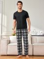 Men'S Solid Color T-Shirt And Plaid Pants Homewear Set