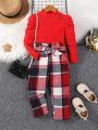 SHEIN Kids SUNSHNE New Arrival Toddler Girls' Bubble Sleeve Striped T-shirt And Grid Belted Straight Pants Set