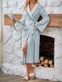 Ladies' Color Block Shawl Lapel Flared Sleeve Robe With Belted Waist