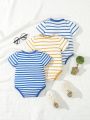 Baby Boy Comfy & Casual Striped Jumpsuit Set For Summer Vacation, 3pcs