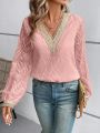 SHEIN VCAY Ladies Lace Patchwork Lantern Sleeves Shirt