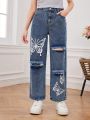 Teenage Girls' Butterfly Print Distressed Loose Fit Straight Leg Jeans