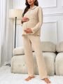 Maternity Waffle Knit Patched Pocket Adjustable Waist Lounge Set