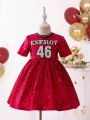 SHEIN Kids Cooltwn Young Girls' Fashionable Sports Style Sequined Digital - Letter Pattern Short Sleeve Dress With Round Neck