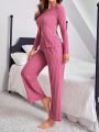 Ladies' Pure Color Ribbed Knitted Home Wear Set