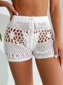 SHEIN Swim Vcay Women'S Hollow Out Drawstring Crop Top And Shorts Set