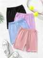 SHEIN Kids EVRYDAY Four-piece Set Of Knitted Solid Color Fitted Casual Bottoming Shorts For Older Girls