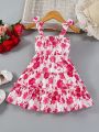 Baby Girl's Valentine's Day Floral Print Bow Knot & Ruffle Trim Patchwork Suspender Dress