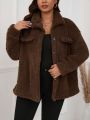 SHEIN LUNE Plus Size Women's Faux Pocket Plush Coat