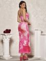 SHEIN BAE Romantic Valentine'S Day Dating Lace Mesh Floral Print Cami Top & High Slit Skirt Glamorous Women'S 2pcs Set