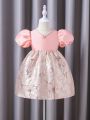 SHEIN Kids CHARMNG Little Girls' Romantic & Elegant Pink Jacquard Woven Fabric And Satin Patchwork Dress Featuring Large Bowknot Decoration On The Back With Ball Gown Skirt, For Spring And Summer