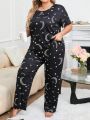 Plus Size Sleepwear Set Printed With Star And Moon