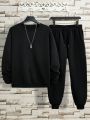 Men Plus Solid Sweatshirt & Drawstring Waist Sweatpants