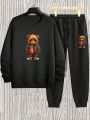 Men's Plus Size Cartoon Printed Fleece Lined Hoodie And Joggers Set