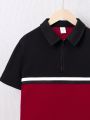 SHEIN Kids Academe Boys' Loose Knitted Patchwork Color Block Polo Shirt With Turn-down Collar