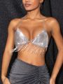 SHEIN Swim SXY Rhinestone Fringe Hem Backless Crop Halter Neck Metallic Halter Cover Up