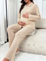 Maternity Waffle Knit Patched Pocket Adjustable Waist Lounge Set