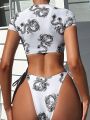 SHEIN Swim Y2GLAM Chinese Dragon Print Bikini Set With Circular Decoration