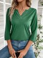 Lace Spliced V-Neck T-Shirt With Cutout Details