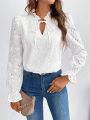 SHEIN Frenchy Ladies' Solid Color Hollow Out Embroidered Collar Tie Neck Blouse