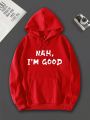 Men's Slogan Printed Hooded Sweatshirt With Drawstring And Fleece Lining