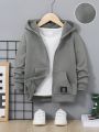 SHEIN Boys' Casual Solid Color Zipper Detail Hoodie For Sport