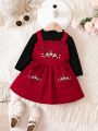 Baby Girl Floral Embroidery Frill Trim Pocket Patched Overall Dress & Lettuce Trim Tee