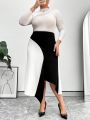 SHEIN Privé Plus Size Women'S Contrast Color Irregular Hem Skirt