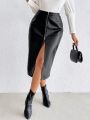 SHEIN Privé Women'S High Waist Zipper Front Slit Hem Skirt