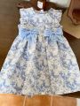 Little Girls' Floral Printed Dress With Ruffle Trim And Bowknot Decoration