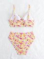 Teen Girl's Floral Print Bikini Set With Circular Rings Connection