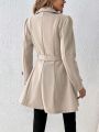 SHEIN Frenchy Women's Solid Color Lapel Double-breasted Wool Coat With Waist Belt