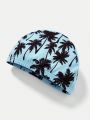 SHEIN Boys' Casual Comfortable Coconut Palm Pattern Soft Swim Trunks And Swimming Cap, Loose Fit