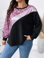 SHEIN Essnce Plus Size Leopard Pattern Colorblock Shiny Panel Sweatshirt