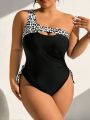 SHEIN Swim SXY Plus Size Leopard Print Monokini With Cutout One Shoulder And Sleeveless Design