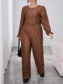 SHEIN Essnce Women's Plus Size Solid Color Pleated Lantern Sleeve Jumpsuit