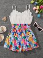 SHEIN Kids HYPEME Tween Girls' Urban Style Printed Splicing Strap Romper Shorts For Spring/Summer