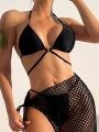 SHEIN Swim Classy Women'S Halter Neck Two Piece Swimsuit With Fishnet Skirt