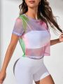 SHEIN Yoga Sxy Tie Dye Fishnet Sports Tee Without Bra