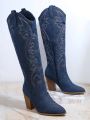 Embroidered Pointy Toe Chunky Heeled Boots