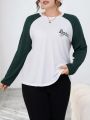 SHEIN Essnce Plus Size Color Block Raglan Sleeve Letter Print T-Shirt